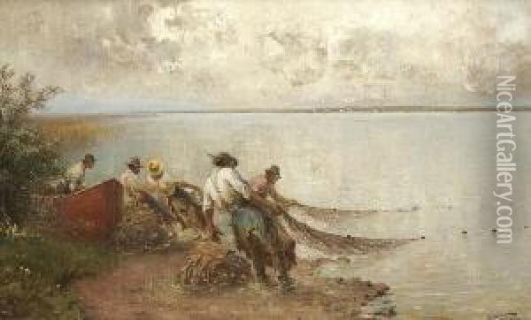 Fischer Beim Einholen Der
 Netze. Oil Painting - Josef Wopfner
