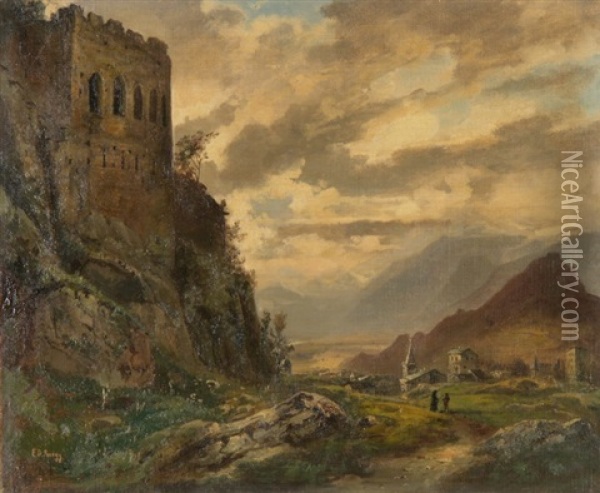 Weite Landschaft Mit Burg Oil Painting - Eduard Rueegg