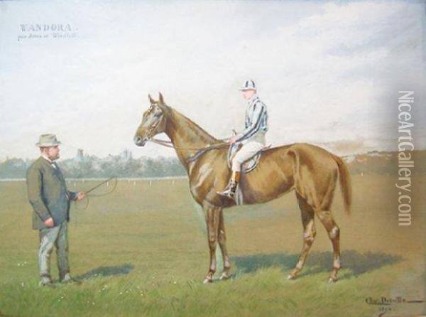 Le Cheval Wandora Avec Son Proprietaire Et Son Jockey Oil Painting - Charles Jean-Bapt. Detaille