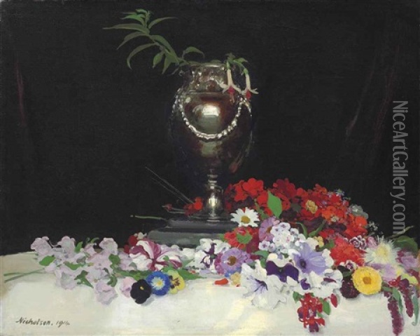 Urn And Flowers On A Table Oil Painting - William Nicholson