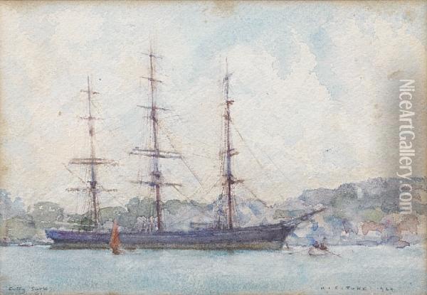 The Cutty Sark Moored In Falmouthharbour Oil Painting - Henry Scott Tuke