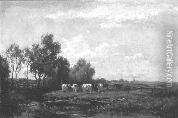 Cattle At Waters Edge Oil Painting - Johannes Karel Leurs
