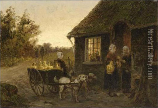 Dog-cart With Girl Near A House Oil Painting - Cornelis Christiaan Dommersen