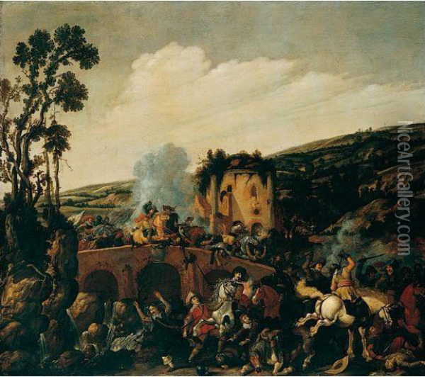 A Battle On A Roman Bridge; The Battle Of The Milvian Bridge (?) Oil Painting - Nicolaes Quade I De Van Ravesteyn