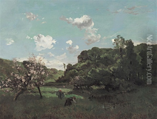 Fruhlingslandschaft Mit Bluhenden Apfelbaumen Und Figurenstaffage Oil Painting - Louis Aime Japy