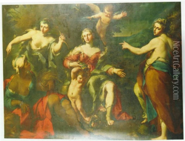 Allegory Of The Superiority Of Europe Over The Other        Continents Oil Painting - Giuseppe Marchesi