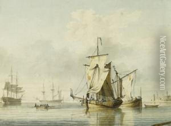 Vessels In A Calm Off Hurst Castle And Distant View Of The Needle Rocks Oil Painting - Lieutenant Thomas Yates