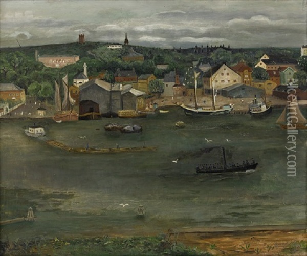 Djurgarden Fran Kastellholmen (innan Tivoli-omradets Omgestaltning Pa 1920-talet) Oil Painting - Eric C. Hallstroem