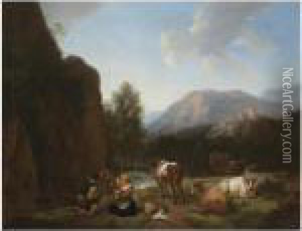 A Mountainous River Landscape 
With A Herder, His Family And Hiscattle Resting In The Foreground Oil Painting - Christian Wilhelm Ernst Dietrich