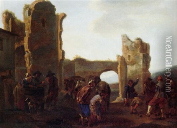Vagabonds Playing Skittle, Among Classical Ruins In An Italianate Landscape Oil Painting - Pieter Jacobsz. van Laer