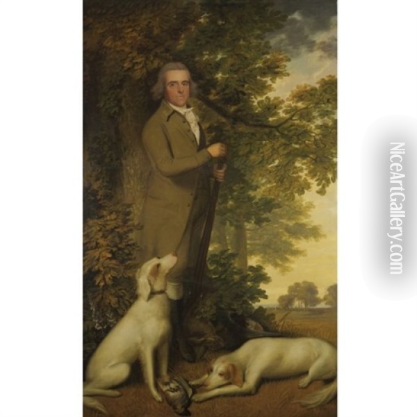 Portrait Of A Gentleman, In A Green Coat, Holding A Gun, Two Dogs And A Partridge At His Feet, In A Wooded Landscape Oil Painting - James Millar