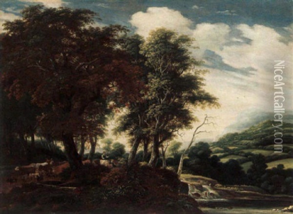 A Wooded Landscape With Shepherds Driving Their Cattle Oil Painting - Jacob Salomonsz van Ruysdael