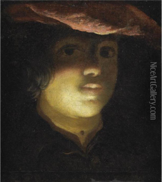 Portrait Of A Young Boy, Head And Shoulders, Wearing A Red Cap Oil Painting - Pietro della Vecchia