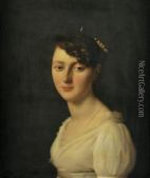 portrait En Buste De Femme Portant Une Robe Verte A Col Medicis,un Collier De Perles A Deux Rangs Et Coiffee D'un Tocquet Vertgarni De Plumes D'autruches Blanches. Oil Painting - Georges Rouget