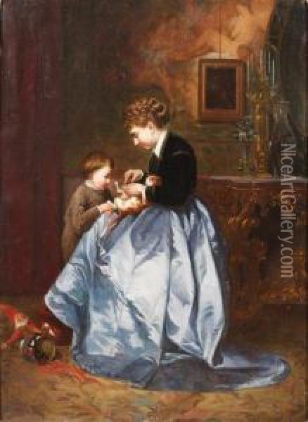 Mere Et Son Enfant Jouant Avec Un Chaton Oil Painting - Franz Moormans