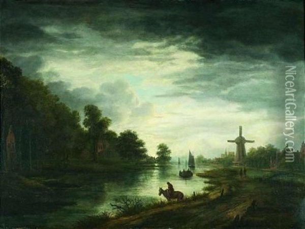 Hollandische Fluslandschaft Im Mondschein Oil Painting - Aert van der Neer