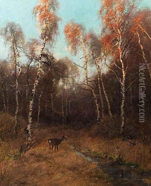 A birch forest with a deer by a stream Oil Painting - August Fink