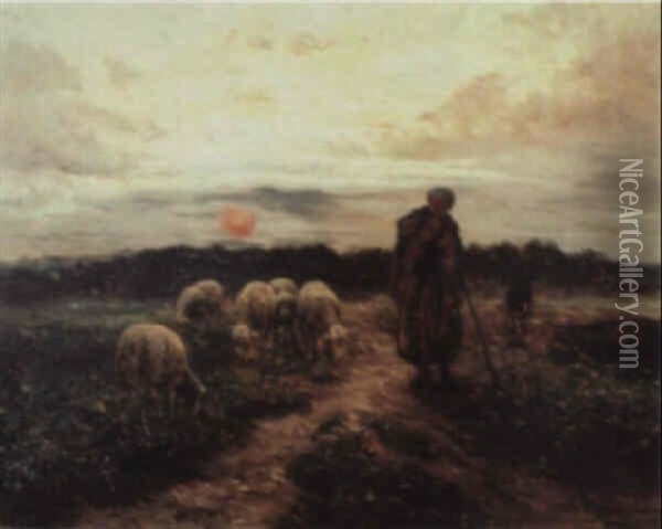 Shepherd Tending His Flock Oil Painting - Jean Ferdinand Chaigneau