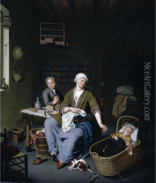 Interior With A Mother Attending Her Children Oil Painting - Willem van Mieris