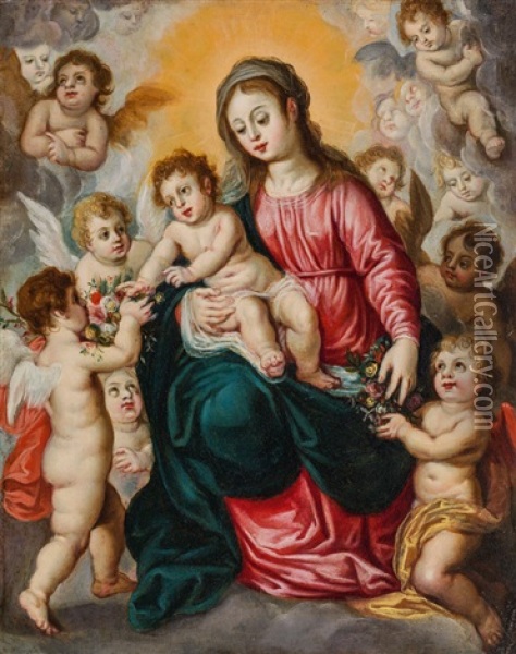 Madonna With Child Surrounded By Angels Handing Flowers Oil Painting - Hendrik van Balen the Elder