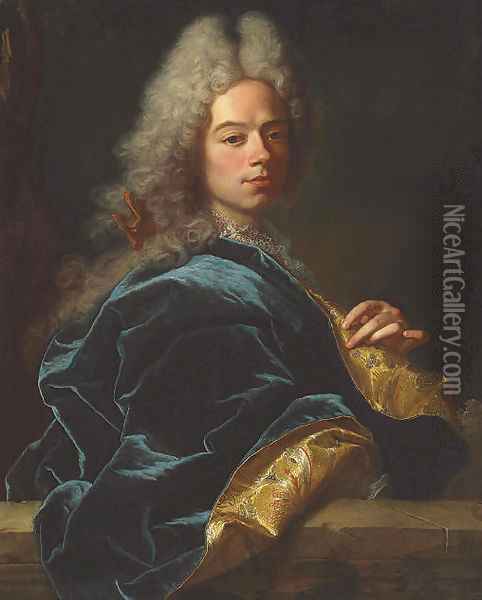 Portrait of Jean-Louis de Roll-Montpellier, half-length, in a blue and gold robe Oil Painting - Hyacinthe Rigaud
