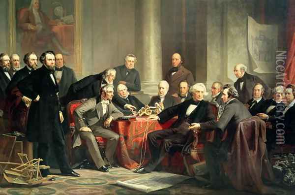 Men of Progress: group portrait of the great American inventors of the Victorian Age, 1862 Oil Painting - Christian Schussele