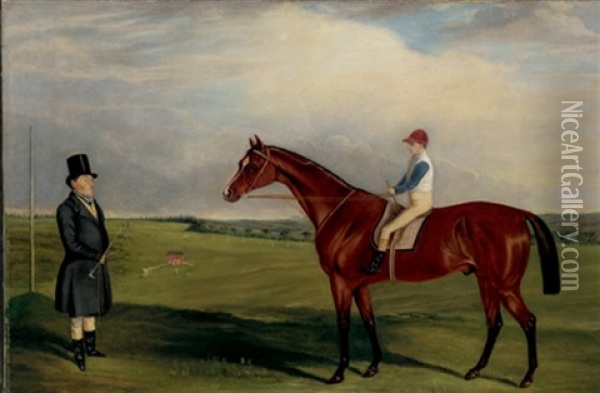 Arctic (?), A Bay Gelding, By Brutandorf, On The Old Racecourse At Blandford On 7th October 1841, Ridden By C. Percy, With His Trainer Oil Painting - William Nedham