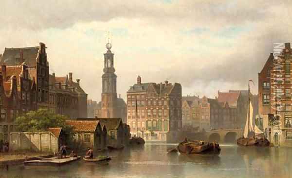 The Amstel in summer with the Munttoren and the Rokin beyond Oil Painting - Eduard Alexander Hilverdink