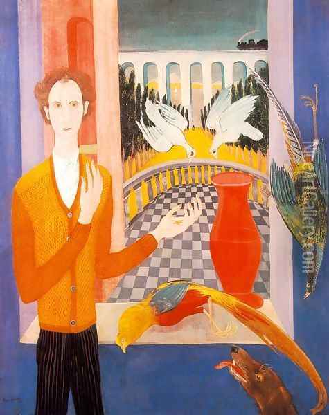 The Golden Age- Self-portrait with Pigeons 1931 Oil Painting - Jeno Paizs Goebel