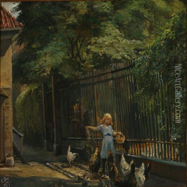 A Girlfeeding Chickens Oil Painting - Anne Marie Jespersen
