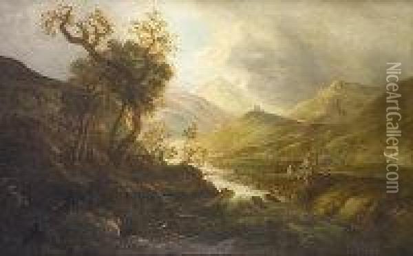 Figures In Mountain Landscape With Hilltop Fort In Distance Oil Painting - William II Sadler