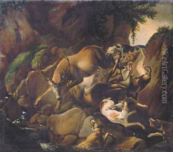 Hounds attacking two deer in a rocky river landscape Oil Painting - Carl Borromaus Andreas Ruthart