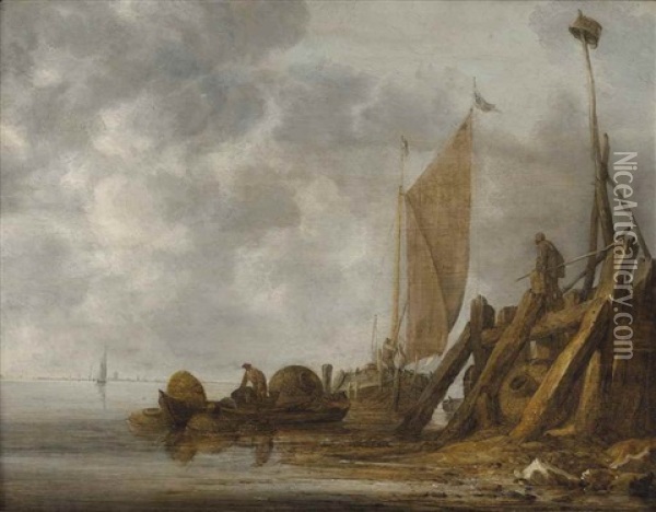 A River Landscape With The Entrance To A Harbour, A Fisherman In A Small Boat With Lobster Pots And A Sailing Boat Near A Jetty Oil Painting - Simon De Vlieger