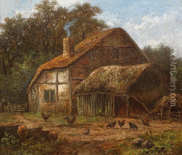 Thatched Barn With Chickens To Theforeground Oil Painting - Hendrik Pieter Koekkoek