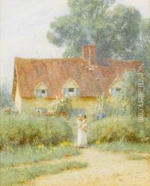 A Mother And Child Outside A Countrycottage Oil Painting - Helen Mary Elizabeth Allingham