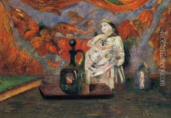 Still Life With Carafe And Ceramic Figure Oil Painting - Paul Gauguin