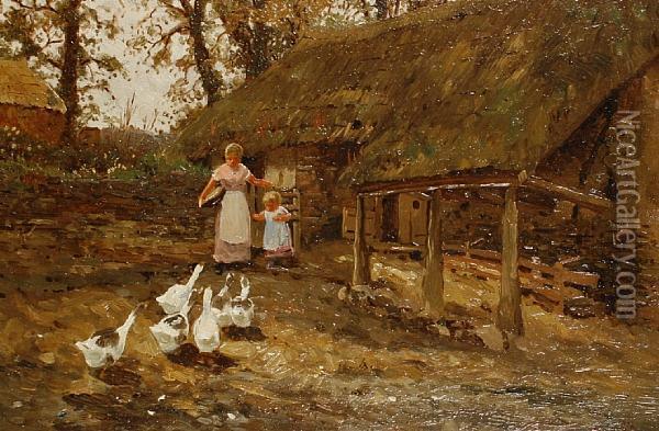 Feeding The Geese Oil Painting - Thomas Lloyd