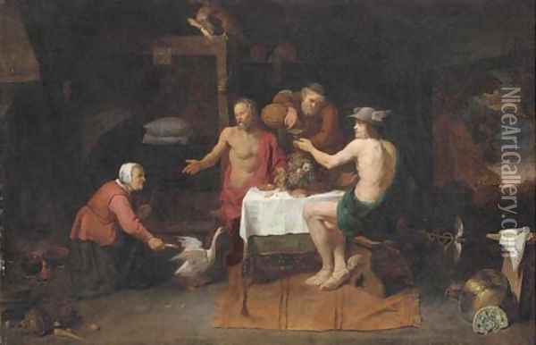 Jupiter and Mercury in the house of Philemon and Baucis Oil Painting - David The Elder Ryckaert