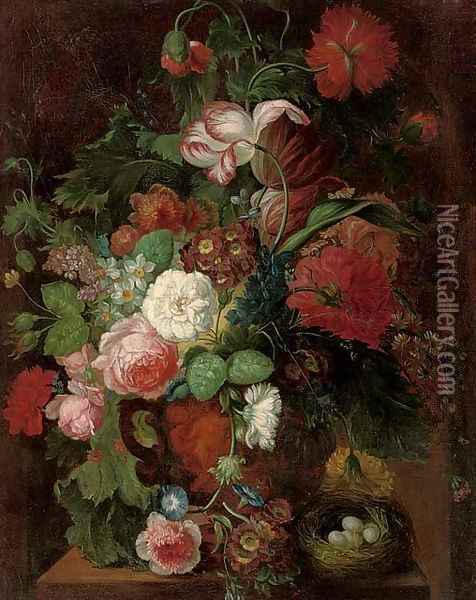 Roses, carnations, tulips, morning glory, narcissi, and other flowers in a vase by a nest of eggs on a plinth Oil Painting - Jan Van Huysum