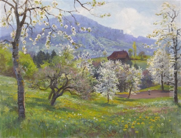 Cerisiers Fleuris Oil Painting - Fritz Huguenin