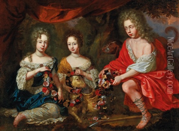 A Family Portrait Of Three Aristocratic Children With A Sheep Decorated With A Floral Wreath And A Dog Oil Painting - Jacob Huysmans