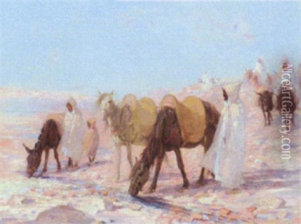 Arabs Watering Horses In The Desert Oil Painting - John Sydney Steel