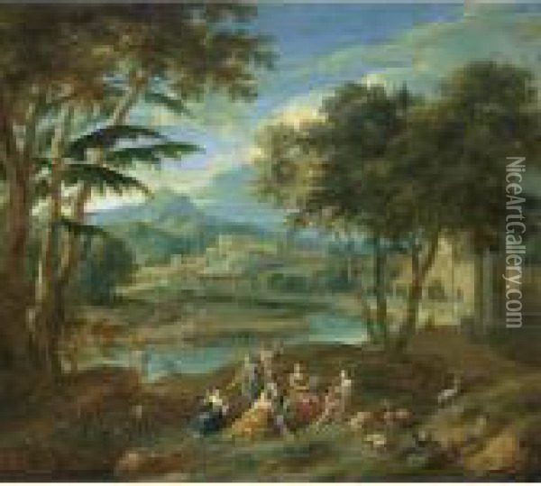 A Classical Landscape With 
Figures Making Music In The Foreground And Fishermen Near A Stream, A 
Village In The Background Oil Painting - Pieter Rysbrack