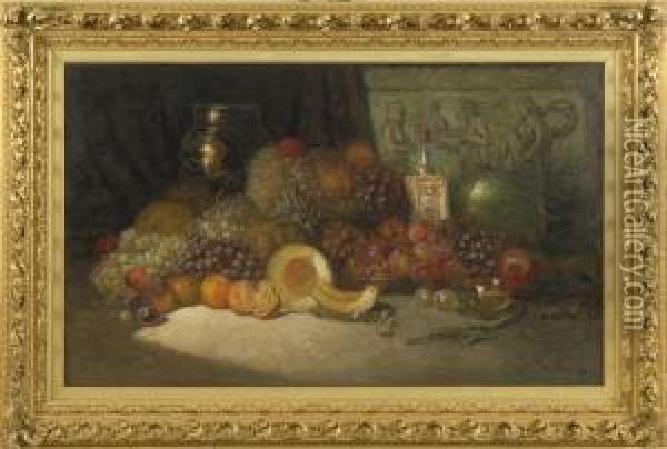 Still Life With Assorted Fruit, Wine Bottle, And Crockery Oil Painting - George William Whitaker