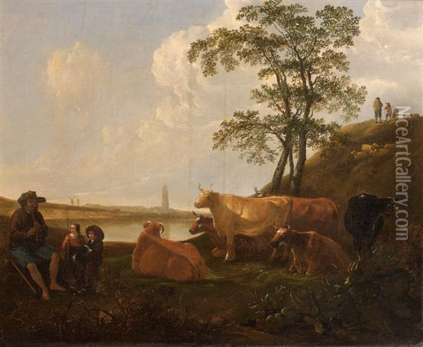 Le Repos Du Patre Et De Son Troupeau Pres D'une Riviere Oil Painting - Nicolaes Berchem