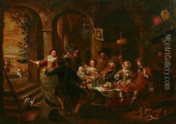 Figures In A Tavern Interior Oil Painting - Willem Van Herp
