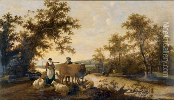 A River Landscape With Peasants And Livestock Oil Painting - Govert Dircksz. Camphuysen