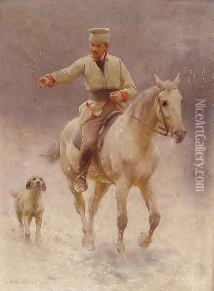 Rider on Horseback with a Dog in Winter Oil Painting - Sigismund Ajdukiewicz