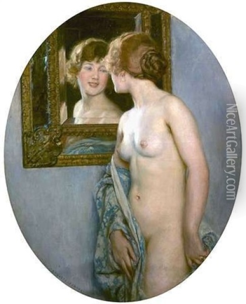 Weiblicher Akt, Sich In Einem Spiegel Betrachtend Oil Painting - Auguste Leroux