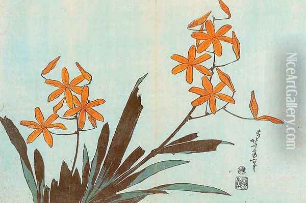 Orange Orchids Oil Painting - Katsushika Hokusai